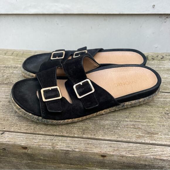 Vionic Black Suede Leather Glow Gia Slide Espadrille Sandal jute trim Size 7 - Picture 3 of 6
